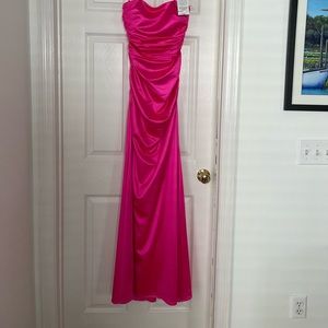 La Femme strapless chic liquid jersey dress with ruching throughout.